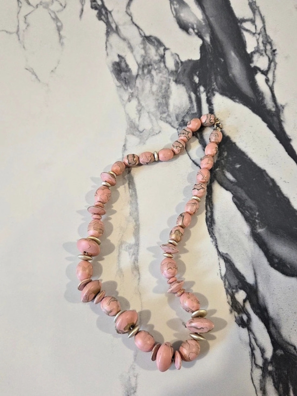 Vintage Pink Marbled Stone Bead Statement Necklace Gold Accents